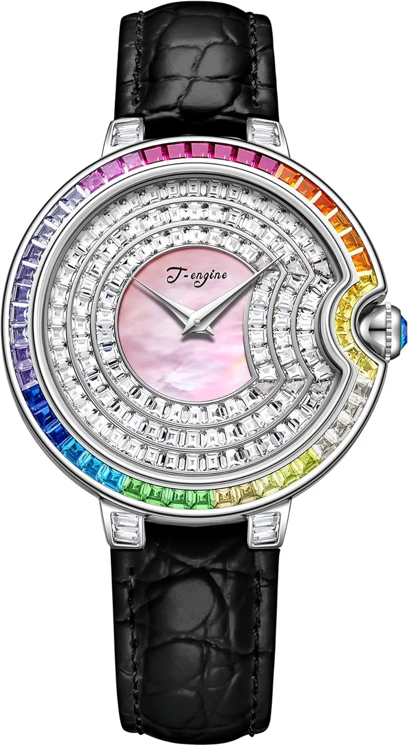 - Elegant Watches for Ladies T-ENGINE Luxury Women's Watch with Genuine prestigious ready zinc outermost statement coin Leather Strap, Diamond Inlay,Fashion Design 