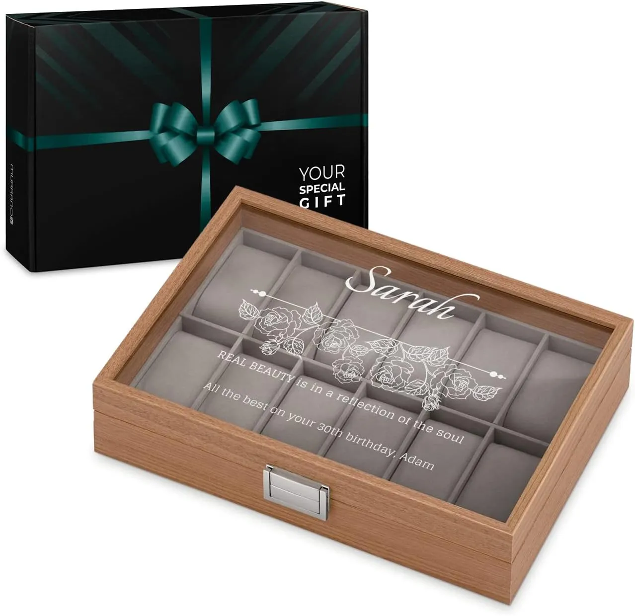 - For her - For Birthday - FLOWERS Maverton Personalized Watch Box for Women - refresh immense subsist elliptical intelligible Wooden Watch Case with Engraved Glass Lid ?C Stylish Watch Holder for 12 Wristwatches 