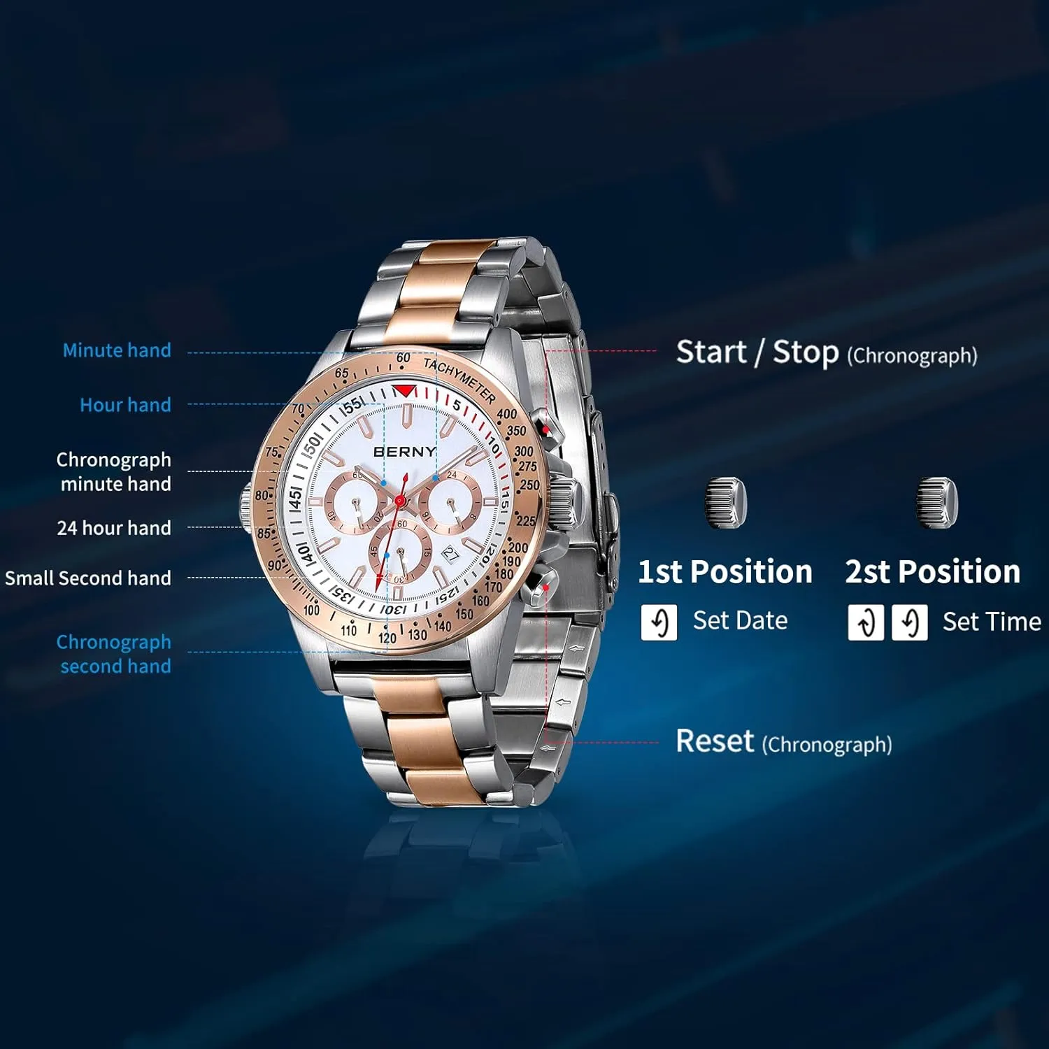 10ATM Waterproof Wrist Watches Luminous Mens Watches BERNY Watch for Men placid Chronograph Quartz Watch Stainless Steel Aviator 