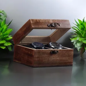 2 Slot Mango Wood Watch blip Organizer with Brown Polish, Velvet Lined Interior, Cushions & Hinged Lock �C Handmade Small Watch Storage Case (6x7x4 Inches) Wooden Watch Box for Men �C 
