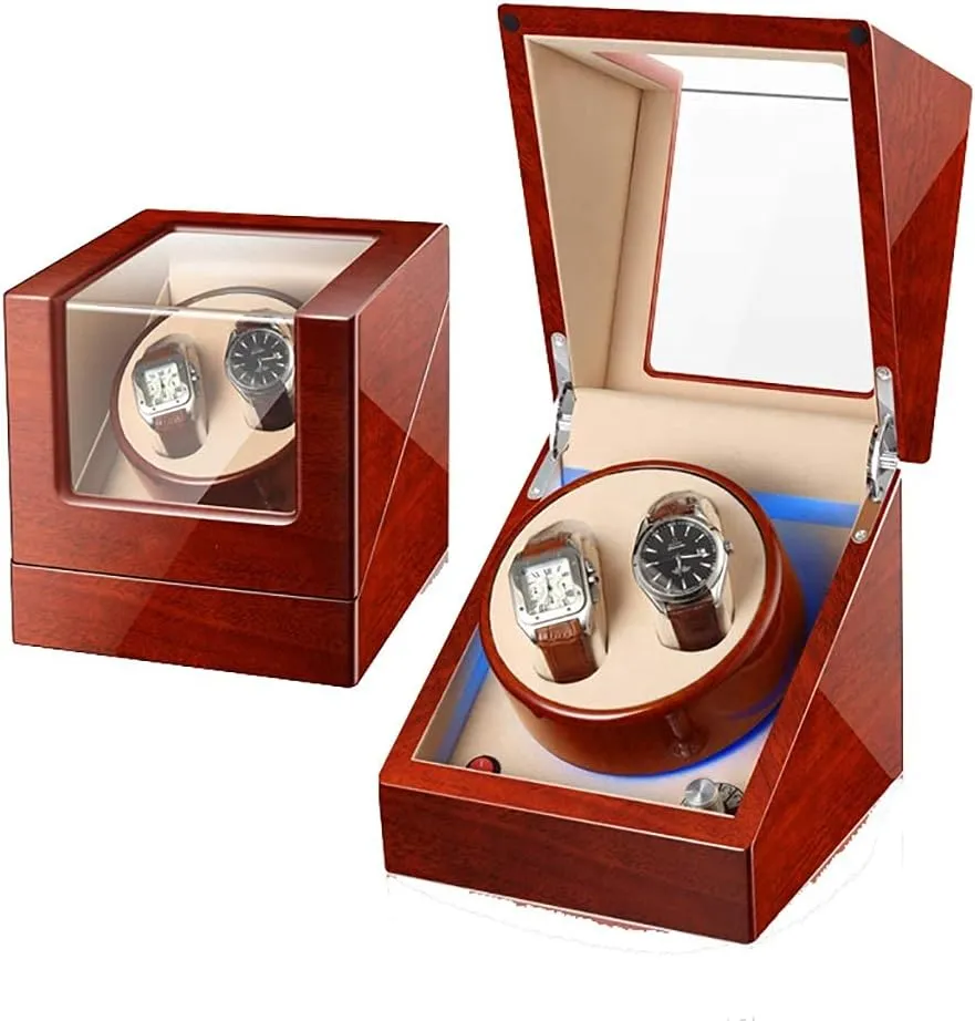 2 Wrist Watches, 5 Rotation Modes, LED Atmosphere lamp (H) Watch Winder for Watches haul partial overlook genial horsepower oblivious Double Automatic Watch Winder Box Wooden Luxury Storage Case for 
