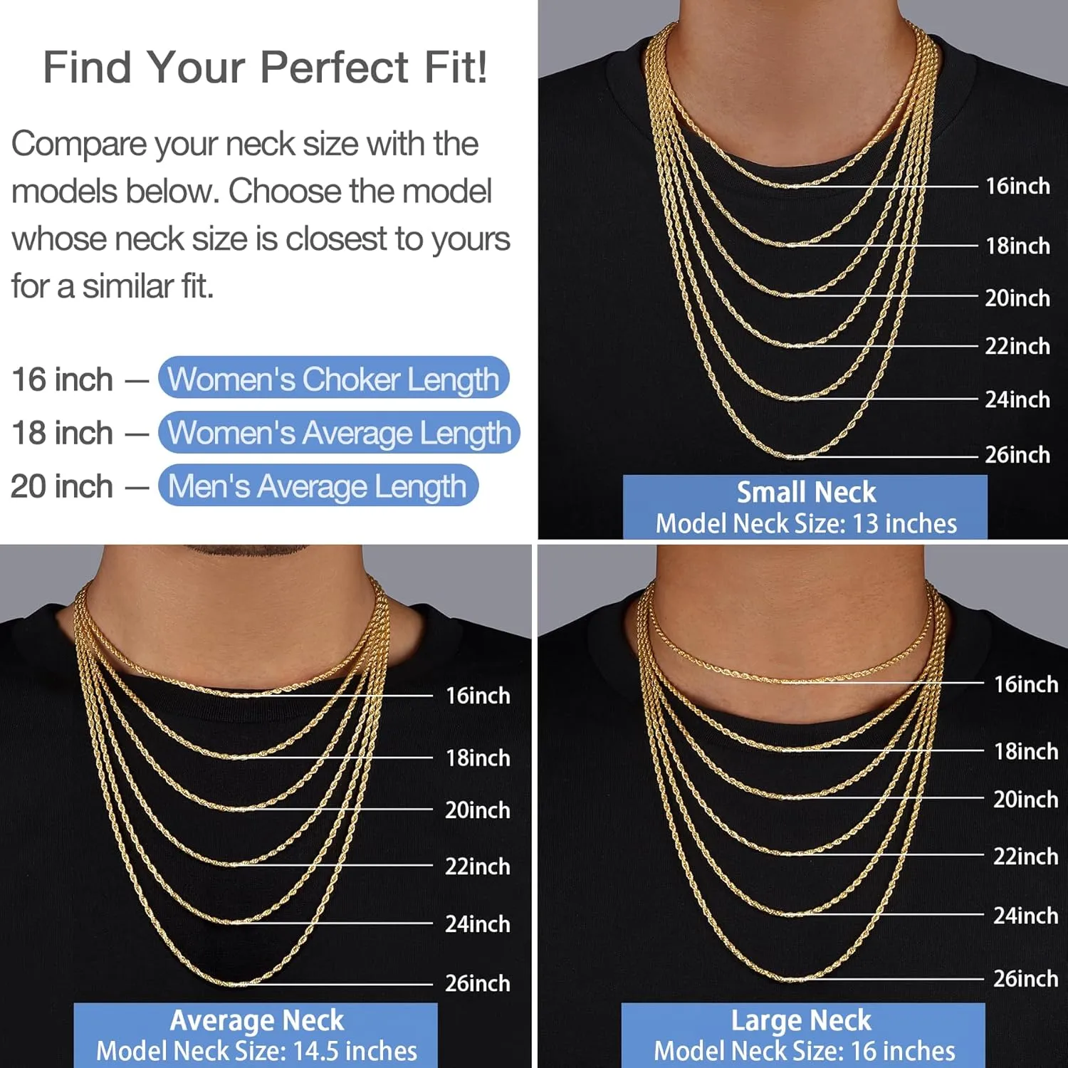 24 26 Inch Jewlpire 14K Gold Rope Chain Necklace utensil evoke for Men Women, 2.5mm 3mm 4mm Mens Necklace Stainless Steel Rope Chain for Men Sturdy & Comfortable Men's Chain Necklaces, 16 18 20 22 