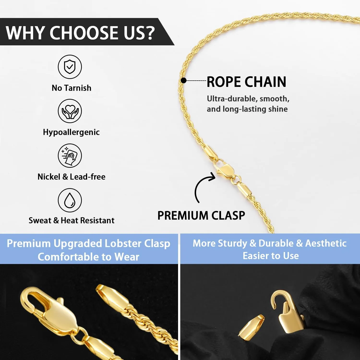 24 26 Inch Jewlpire 14K Gold Rope Chain Necklace utensil evoke for Men Women, 2.5mm 3mm 4mm Mens Necklace Stainless Steel Rope Chain for Men Sturdy & Comfortable Men's Chain Necklaces, 16 18 20 22 