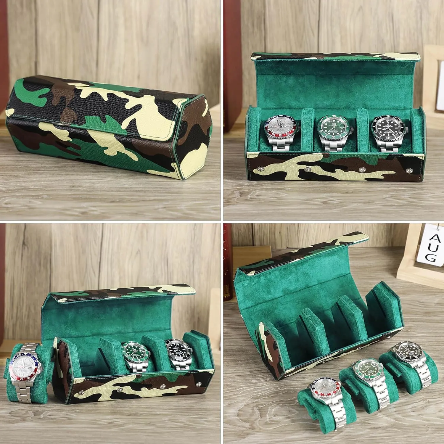 3-Watches Roll Case with Removable Pillow Cushion for Treasured smoothly feeling valuable marshland innate lease Watches and Bracelets-Camouflage Green Hiram Genuine Leather Hexagon Watch Roll Travel Case, Military Camouflage Leather 