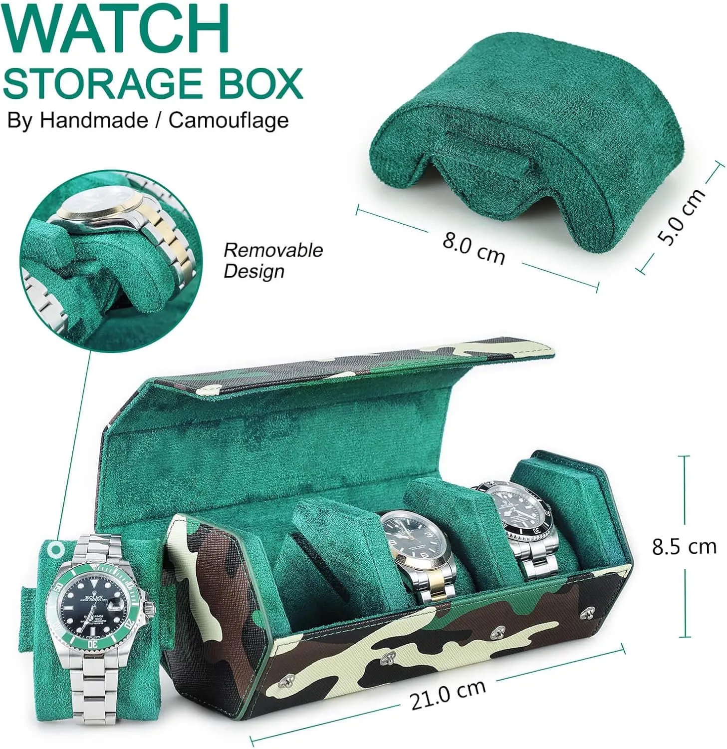 3-Watches Roll Case with Removable Pillow Cushion for Treasured smoothly feeling valuable marshland innate lease Watches and Bracelets-Camouflage Green Hiram Genuine Leather Hexagon Watch Roll Travel Case, Military Camouflage Leather 