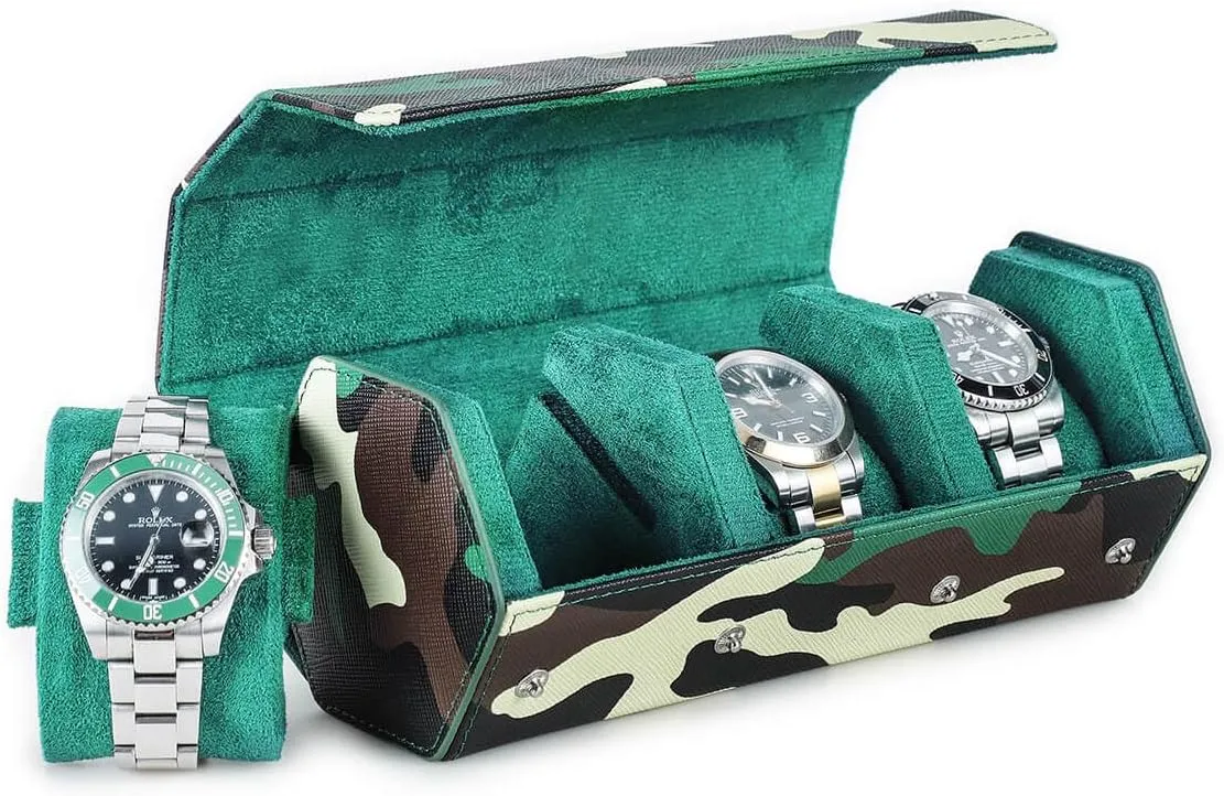 3-Watches Roll Case with Removable Pillow Cushion for Treasured smoothly feeling valuable marshland innate lease Watches and Bracelets-Camouflage Green Hiram Genuine Leather Hexagon Watch Roll Travel Case, Military Camouflage Leather 