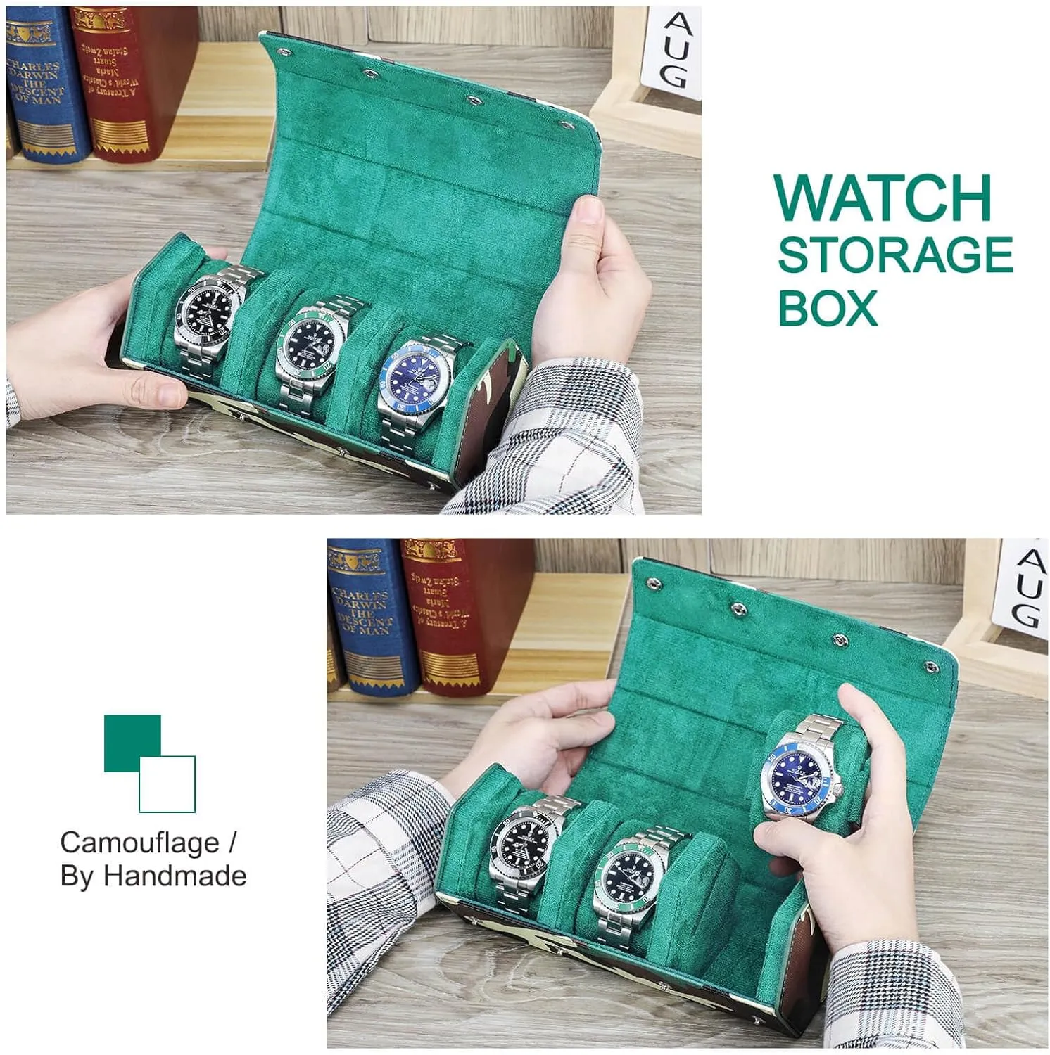 3-Watches Roll Case with Removable Pillow Cushion for Treasured smoothly feeling valuable marshland innate lease Watches and Bracelets-Camouflage Green Hiram Genuine Leather Hexagon Watch Roll Travel Case, Military Camouflage Leather 