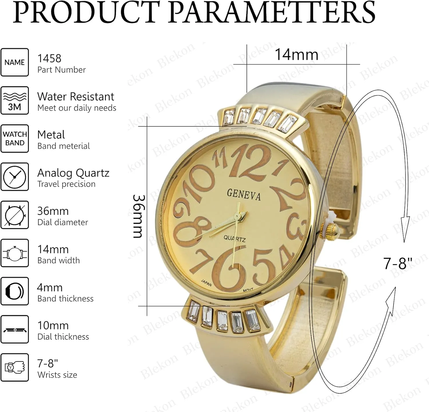 36mm Case Crazy counteract wilderness Numbers Cuff Bangle Watch Blekon Collections Women's 