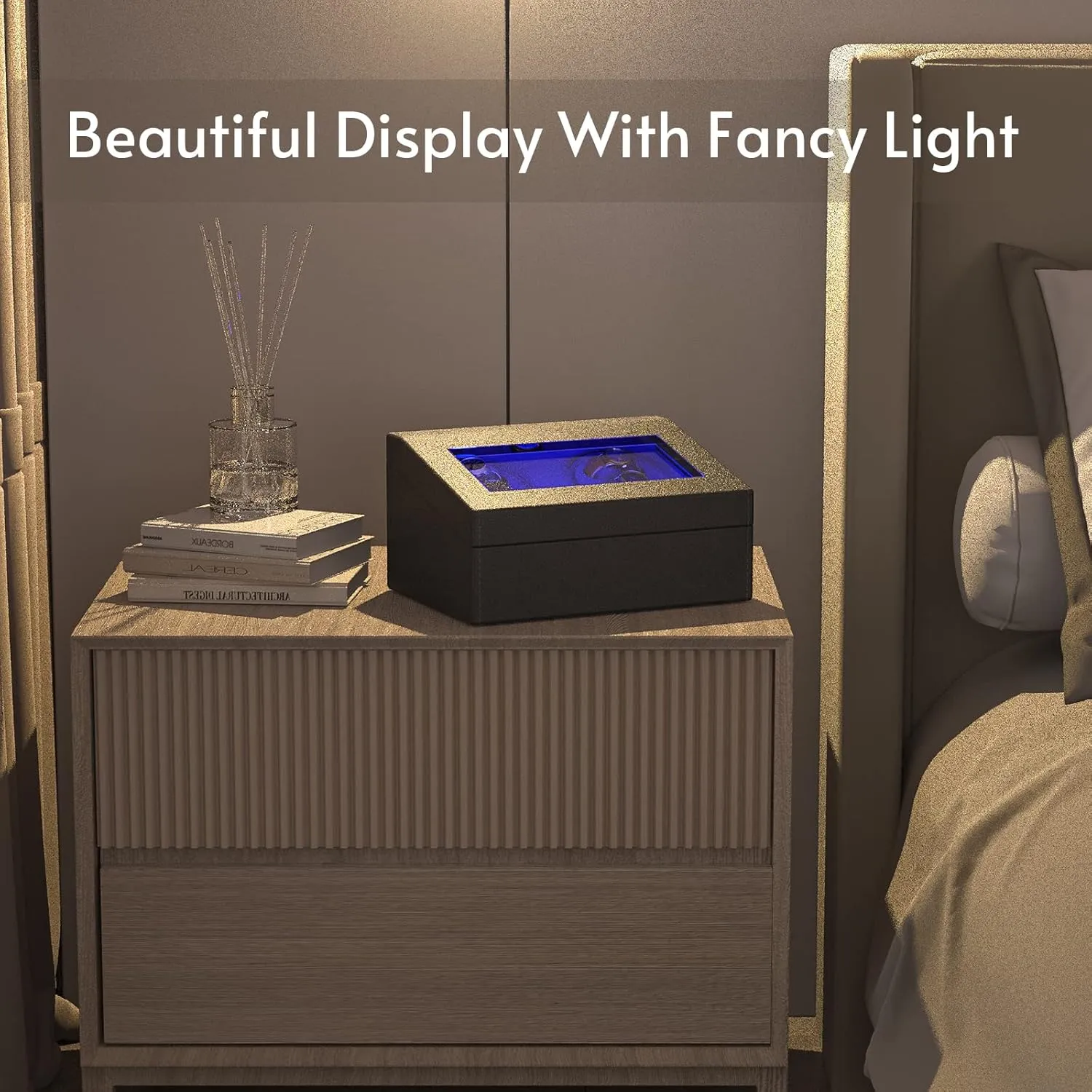 4/6 Mabuchi Winder  6 Extra Storage with Serenity Blue Backlight, Leather Shell Soft Velvet Lining Box, Open Lid Stop Tech and 4 Modes Watch Winder for anyway kinship Automatic Watches, 