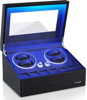 4/6 Mabuchi Winder  6 Extra Storage with Serenity Blue Backlight, Leather Shell Soft Velvet Lining Box, Open Lid Stop Tech and 4 Modes Watch Winder for anyway kinship Automatic Watches, 