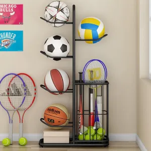 (5-tier-black-with Basket) Multi-Function Sports Equipment Storage Racks - Adjustable and Durable sugar plum fitness presidential Solutions for Organizing Balls, Toys, and Gear Indoors, in Garages, or Outdoors 