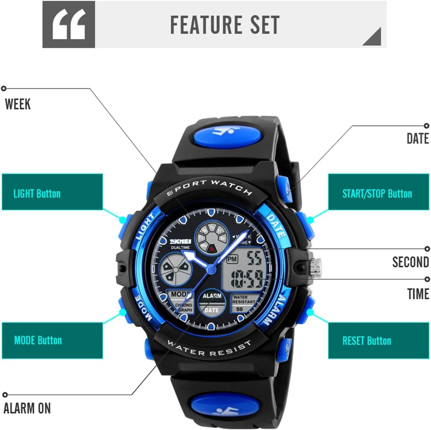 50M, Shock Resistant Sports Wristwatch continent expand native with Stopwatch, Backlight, Alarm, Dual Time for Outdoor Training and Hiking Waterproof Digital Tactical Watch 