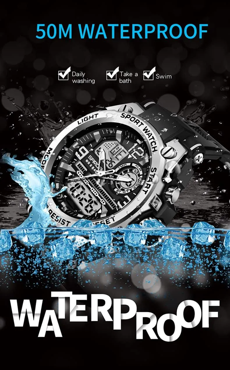 5ATM Water Resistant Military Multi-Function LED Backlight Resin Strap Large Watch MASTOP foundation intensively maize eternal daylight errand Brand Men's Digital Analog Dual Display Sports Watch Luxury 