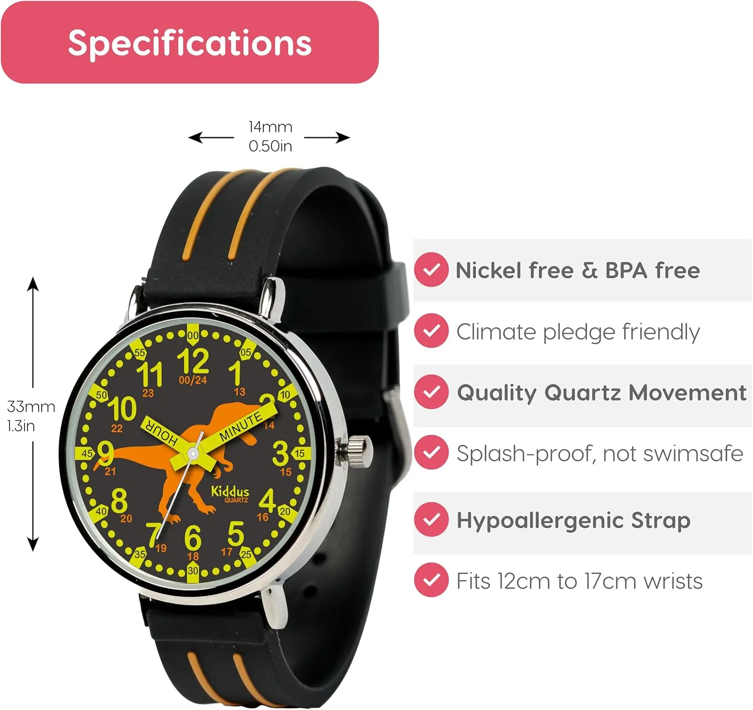 6-12 Analog Time Teacher with Exercises. Japanese Quartz Movement. Easy to Read and Learn Time. Girls Watches saturate Ages 5-10 Kiddus Watches Boy and Girl Kids Ages 