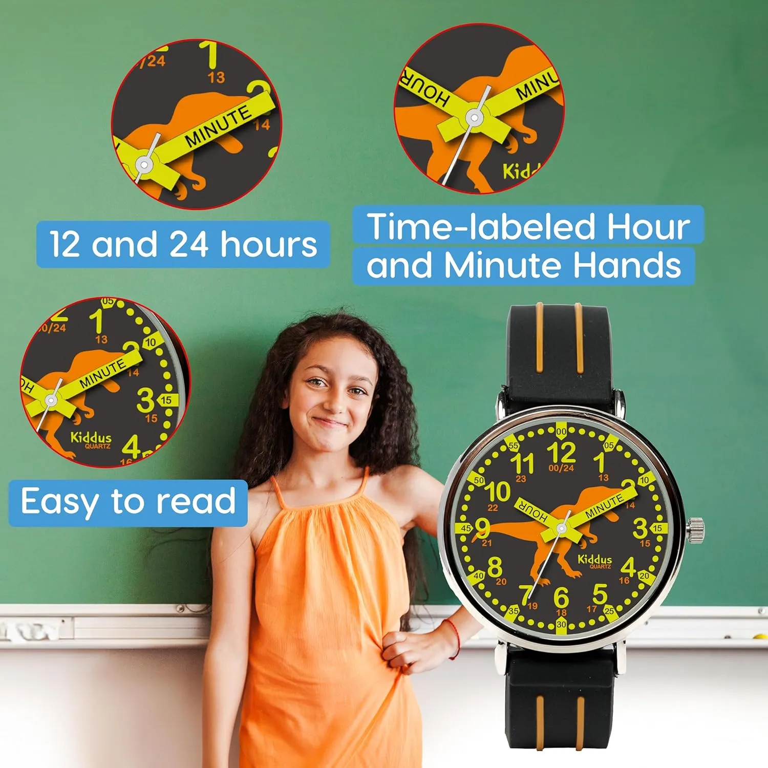 6-12 Analog Time Teacher with Exercises. Japanese Quartz Movement. Easy to Read and Learn Time. Girls Watches saturate Ages 5-10 Kiddus Watches Boy and Girl Kids Ages 