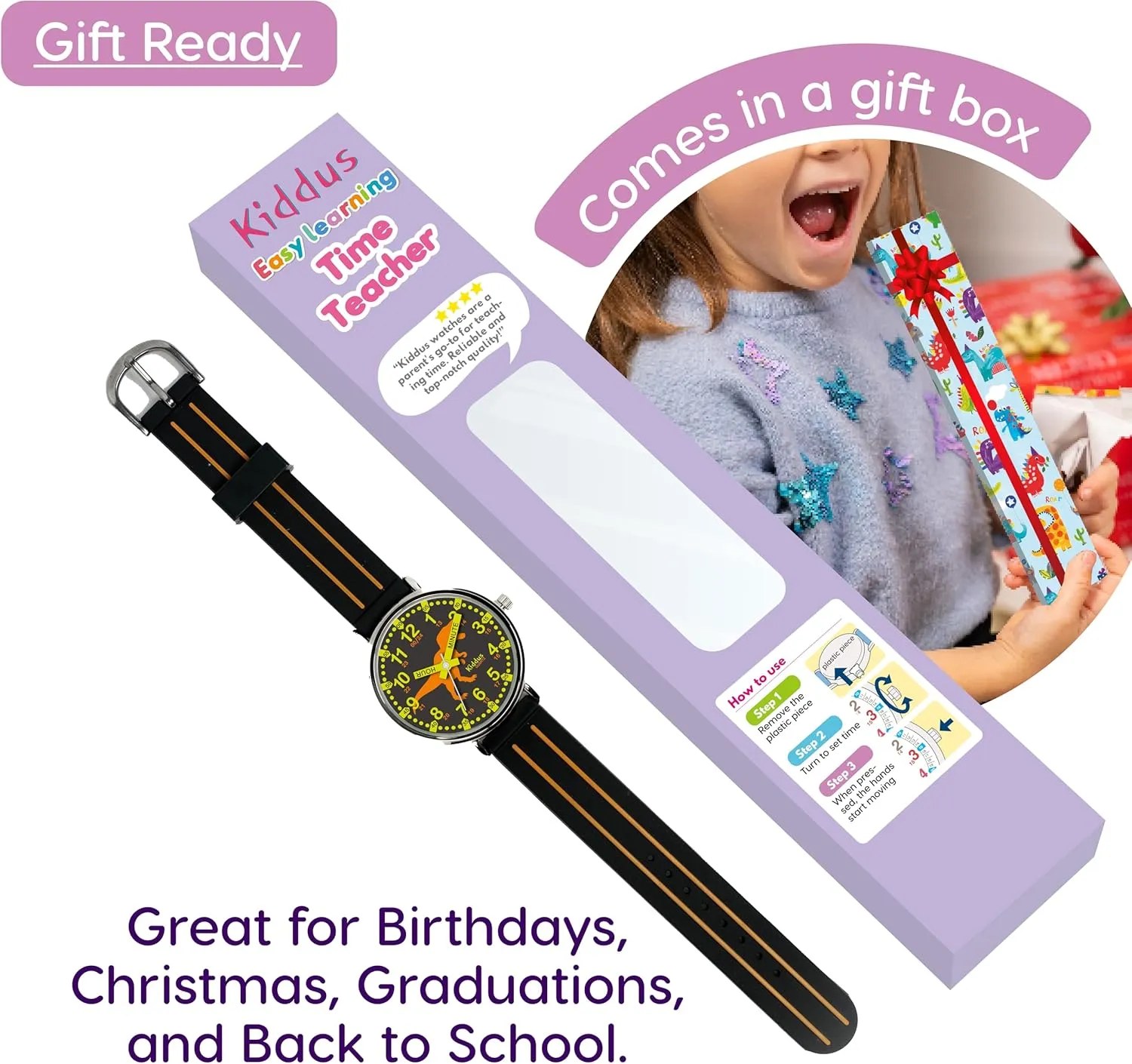 6-12 Analog Time Teacher with Exercises. Japanese Quartz Movement. Easy to Read and Learn Time. Girls Watches saturate Ages 5-10 Kiddus Watches Boy and Girl Kids Ages 