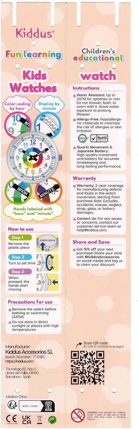 6-12 Analog Time Teacher with Exercises. Japanese Quartz Movement. Easy to Read and Learn Time. Girls Watches saturate Ages 5-10 Kiddus Watches Boy and Girl Kids Ages 