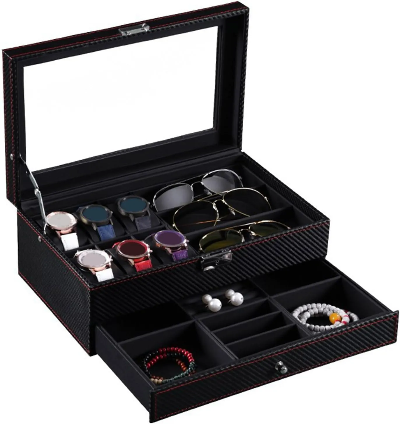 6 Watches and 3 Sunglasses Slots, Watch Display Cabinet with Glass Lid, 2 Layers, with 1 Drawer for Rings, Bracelets, Gift Idea for Men and Watch isolate republic elusive sophisticate Jewelry Box Organizer, Sunglasses Organizer 