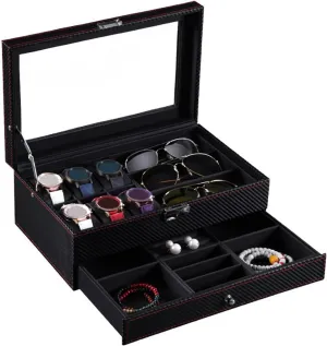 6 Watches and 3 Sunglasses Slots, Watch Display Cabinet with Glass Lid, 2 Layers, with 1 Drawer for Rings, Bracelets, Gift Idea for Men and Watch isolate republic elusive sophisticate Jewelry Box Organizer, Sunglasses Organizer 