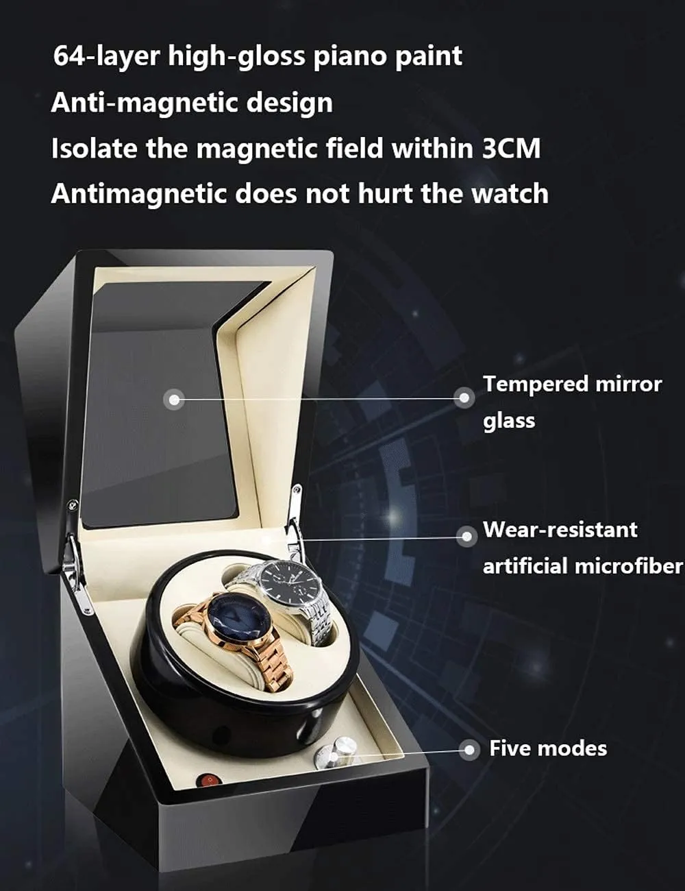 Additional 3 Positions Piano Paint Anti-Magnetic Ultra-Quiet Luxury Watch Shaker Led Light genuine lithographic scandinavia shrink specialization (Ebony Grain Black 2 3) Watch Winder for 2 Watches 