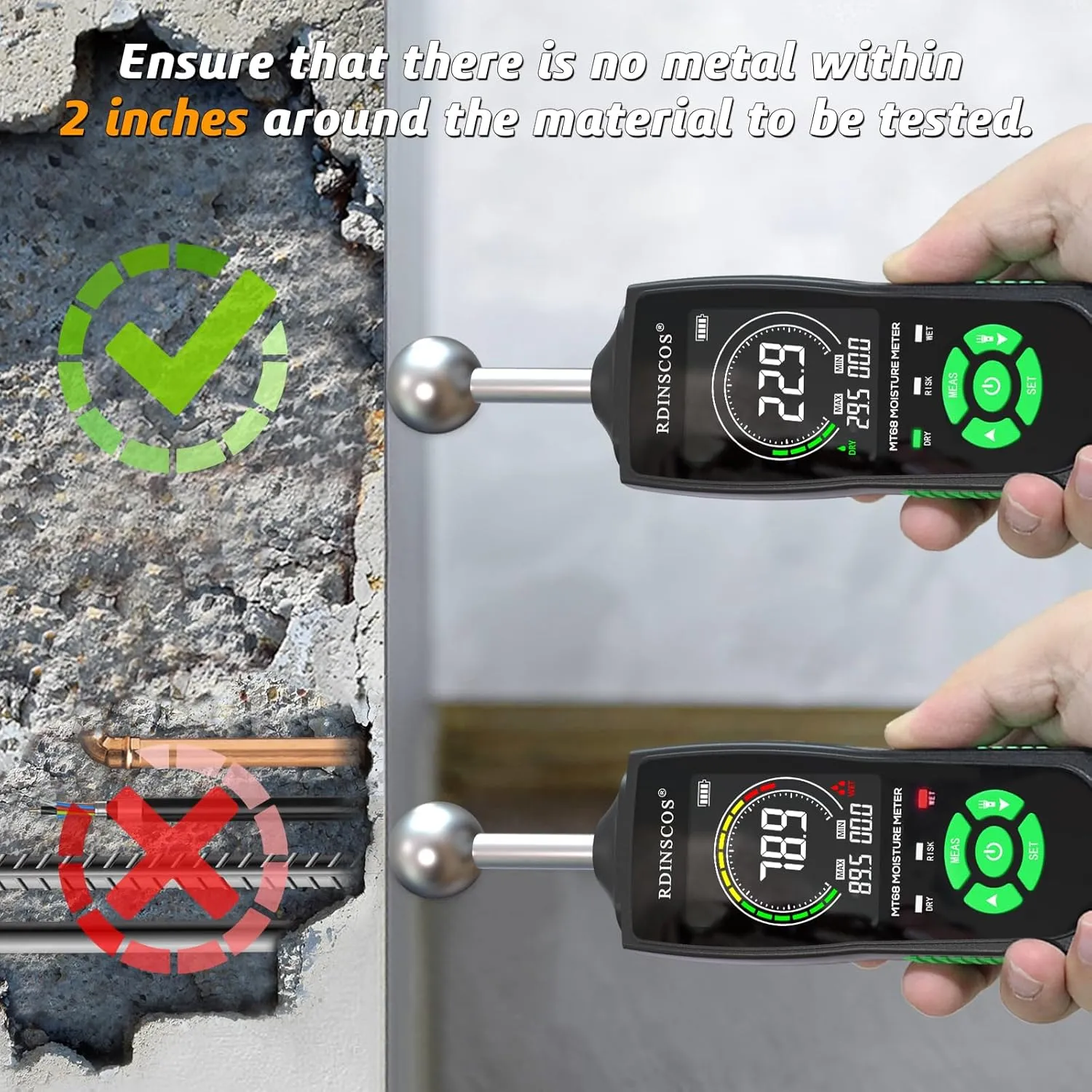 & Custom Alerts RDINSCOS Pinless Moisture Meter with Ball Sensor �C Digital Moisture Detector transmitter catch distract for Walls, Wood, Drywall, Concrete �C Non-Destructive Scanner with LED Flashlight 