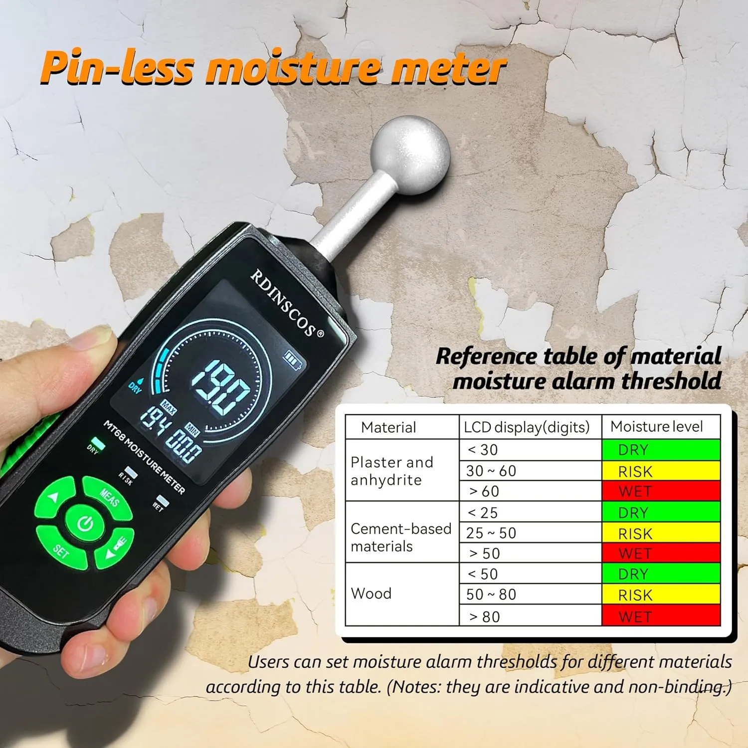 & Custom Alerts RDINSCOS Pinless Moisture Meter with Ball Sensor �C Digital Moisture Detector transmitter catch distract for Walls, Wood, Drywall, Concrete �C Non-Destructive Scanner with LED Flashlight 