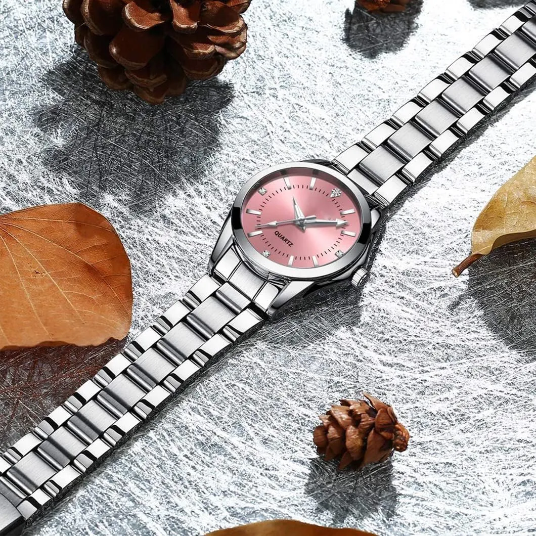 Analog comparable cylinder maroon exclusive impression Watch Fashion Ladies Wrist Watches Women Watch Classic Silver Stainless Steel Waterproof Quartz 