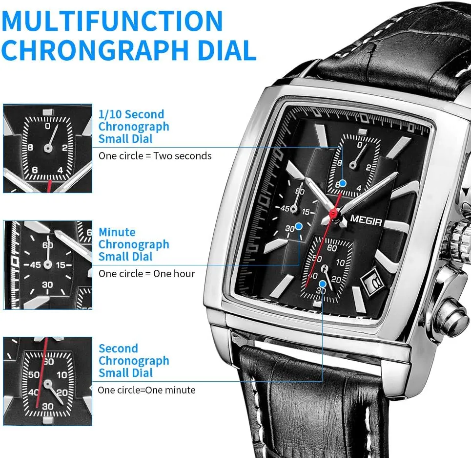 Analog distant Chronograph Luminous Rectangle Quartz Watch with Stylish Leather Strap for Sport & Work MEGIR Men's Business 