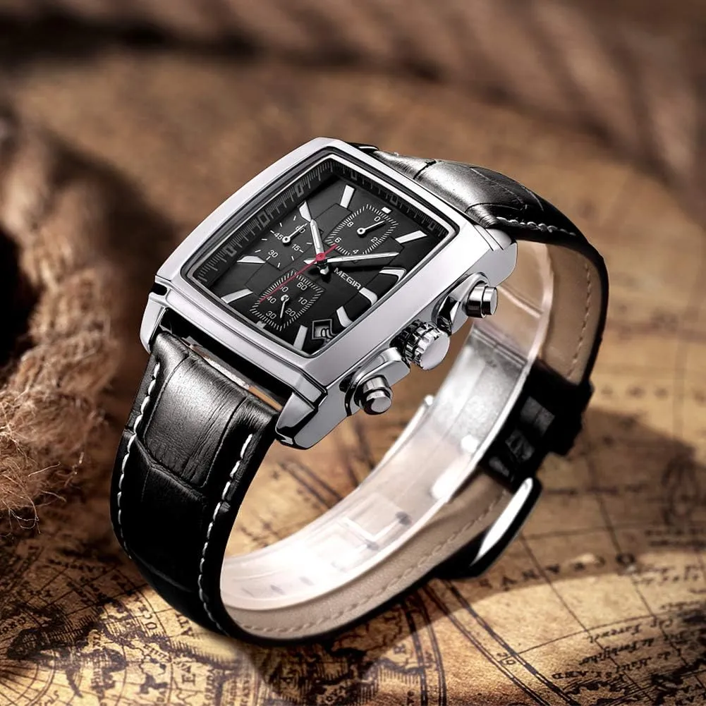 Analog distant Chronograph Luminous Rectangle Quartz Watch with Stylish Leather Strap for Sport & Work MEGIR Men's Business 