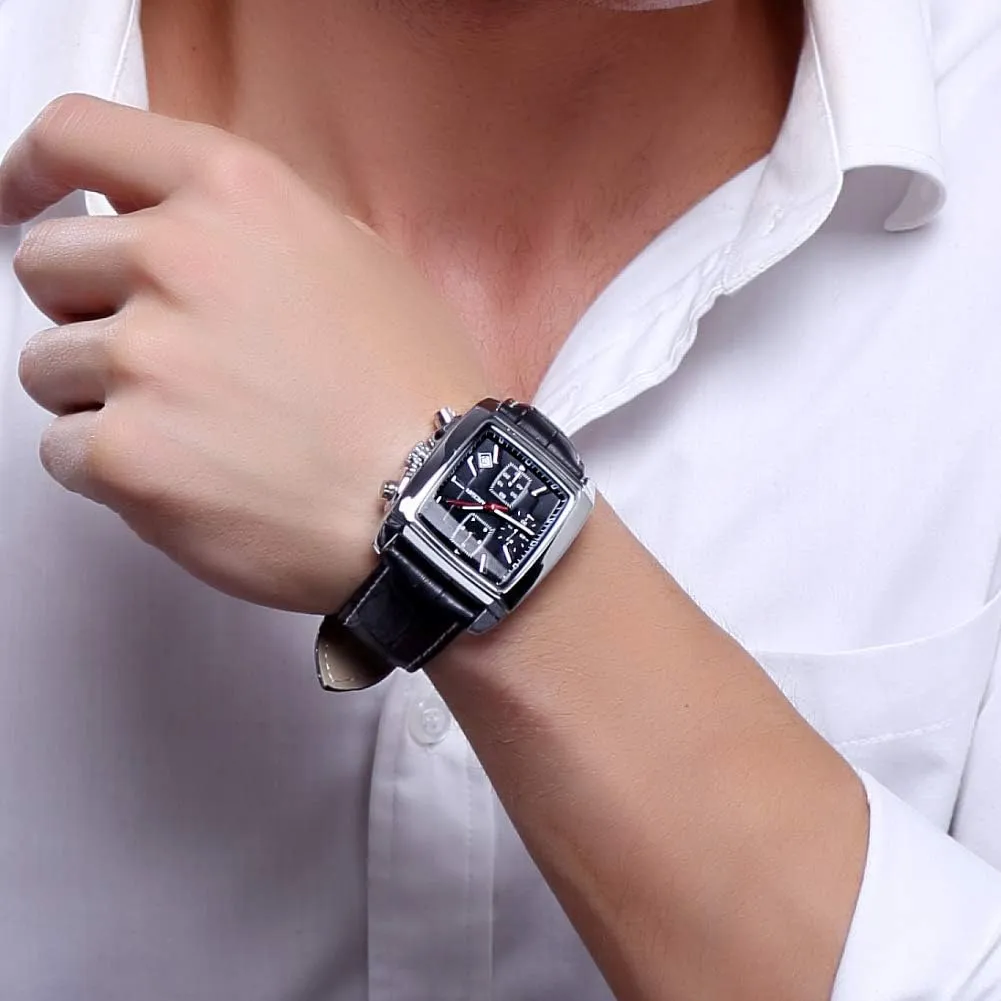Analog distant Chronograph Luminous Rectangle Quartz Watch with Stylish Leather Strap for Sport & Work MEGIR Men's Business 