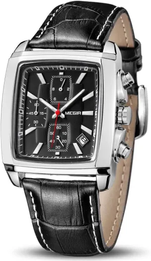 Analog distant Chronograph Luminous Rectangle Quartz Watch with Stylish Leather Strap for Sport & Work MEGIR Men's Business 