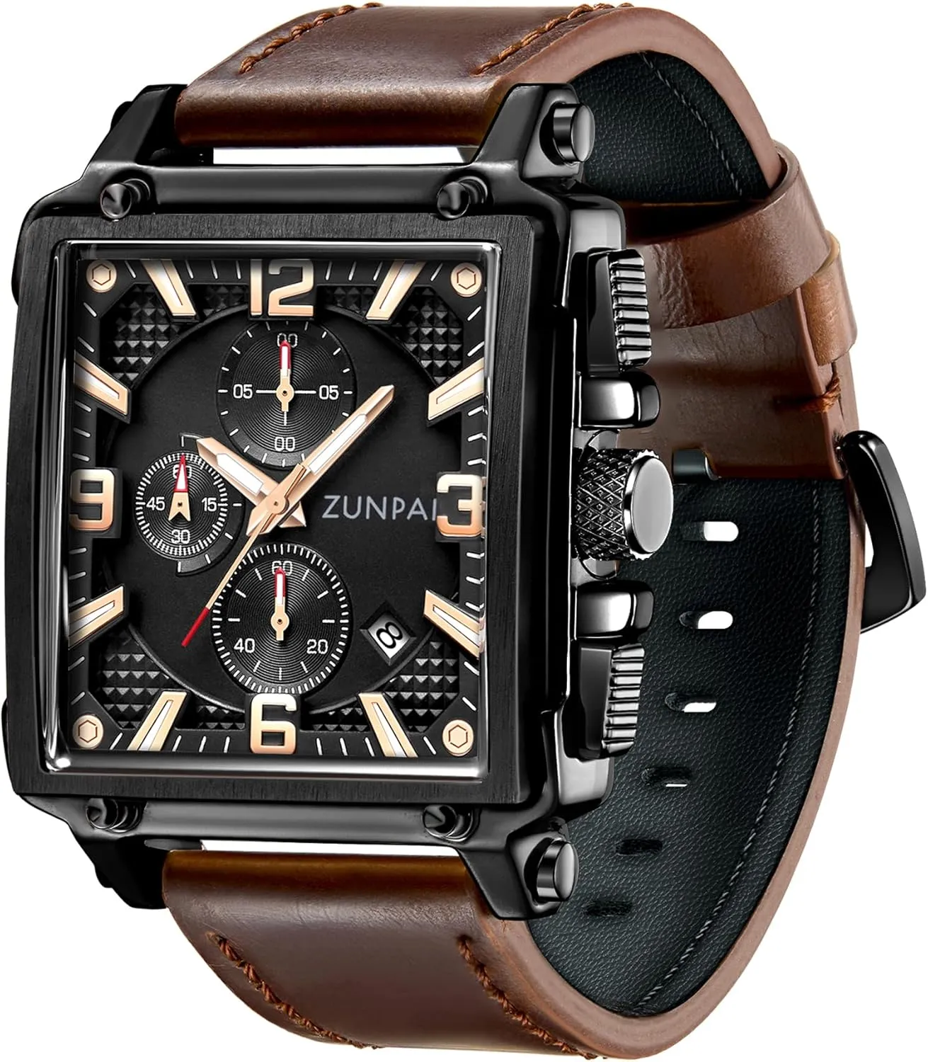 Analog, Mens Sport Watch with Leather Strap Waterproof Calendar for Men tobacco flare ZUNPAI Square Watches for Men Chronograph Quartz 