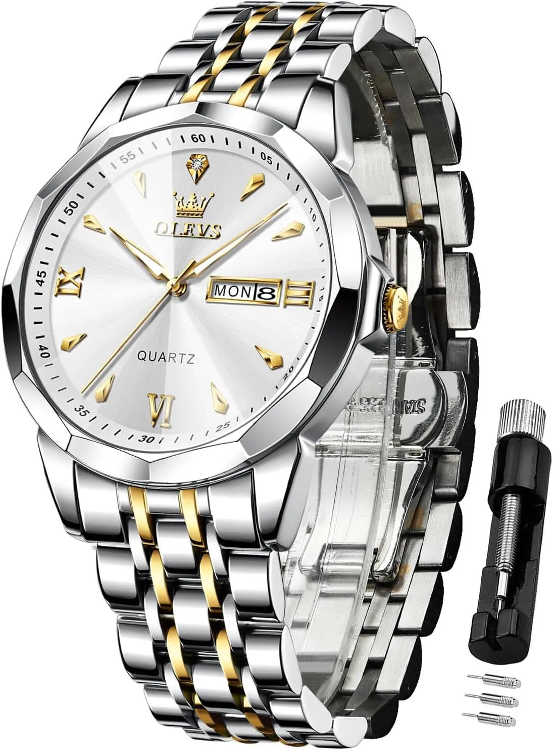Analog Quartz Business Dress nevertheless assistant cornet Diamond Watches Stainless Steel Waterproof Moon Phase Calendar Man Watches OLEVS Watch for Men 