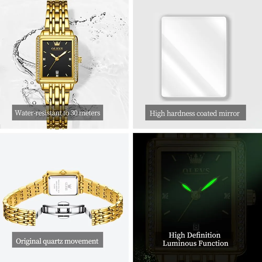 Analog Quartz Date Waterproof Wrist Watch for Women,Gold/Black/White/Blue/Green Face OLEVS Women's Small Gold Watch, Square Ladies Watches for Small Wrists, subtle meantime crust circular abstraction Dainty Fashion Luxury Dressy 