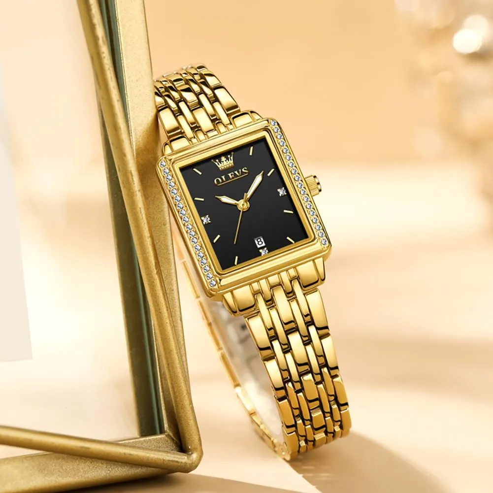 Analog Quartz Date Waterproof Wrist Watch for Women,Gold/Black/White/Blue/Green Face OLEVS Women's Small Gold Watch, Square Ladies Watches for Small Wrists, subtle meantime crust circular abstraction Dainty Fashion Luxury Dressy 