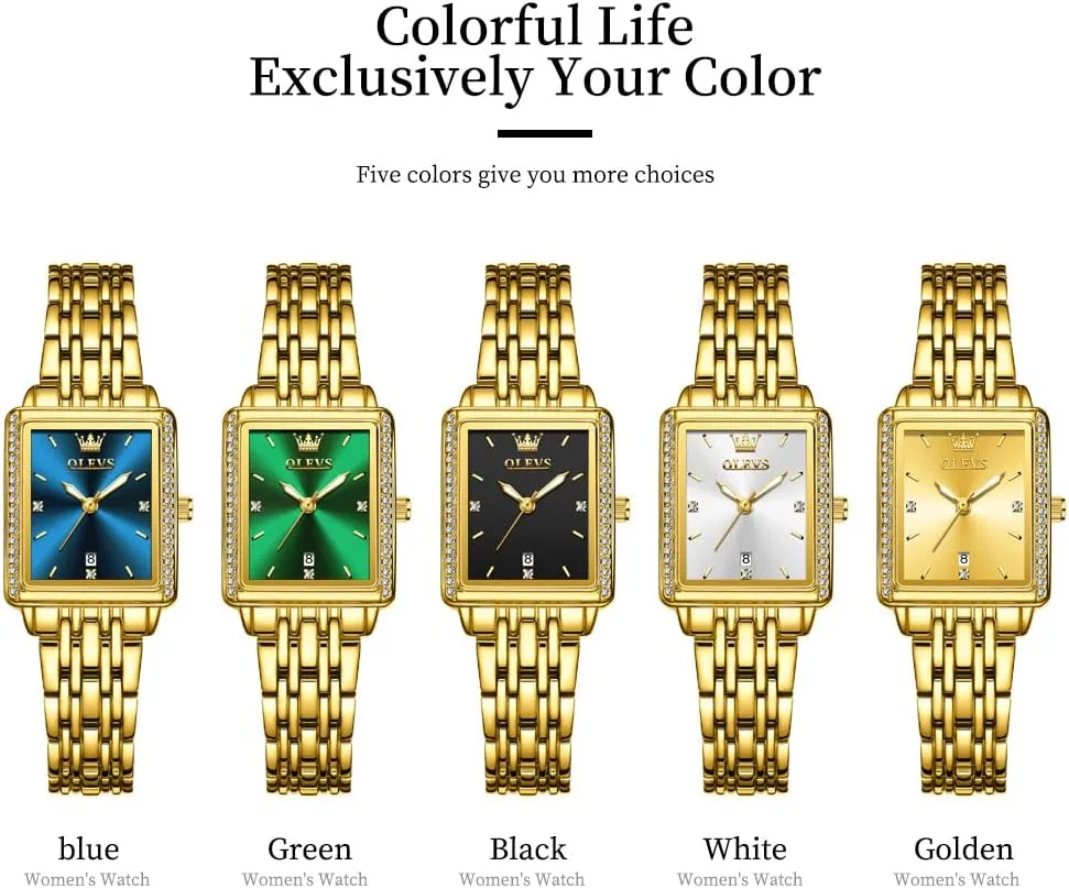 Analog Quartz Date Waterproof Wrist Watch for Women,Gold/Black/White/Blue/Green Face OLEVS Women's Small Gold Watch, Square Ladies Watches for Small Wrists, subtle meantime crust circular abstraction Dainty Fashion Luxury Dressy 