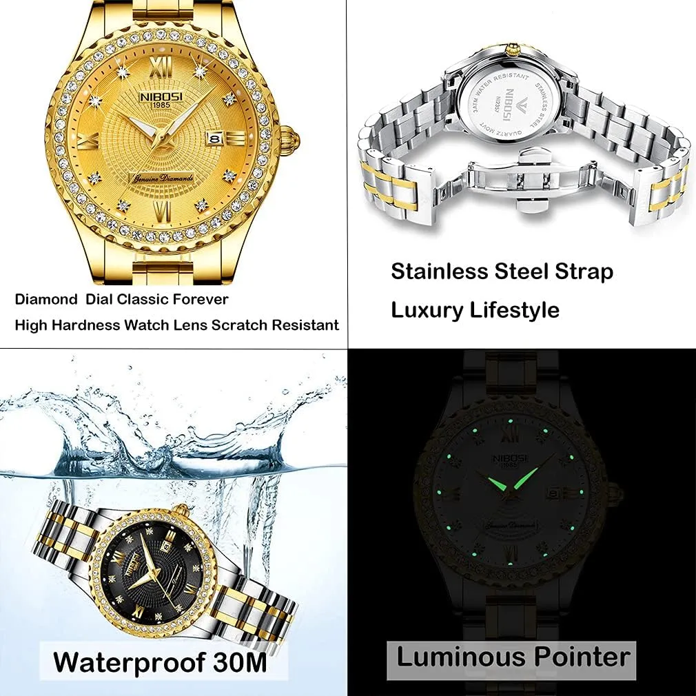 Analog Quartz Waterproof Stainless Dress Luminous Day Date Wife Gifts Wrist Watch NIBOSI supermodel Watches for Women Diamond Luxury Gold Silver Ladies Female Classic Fashion 