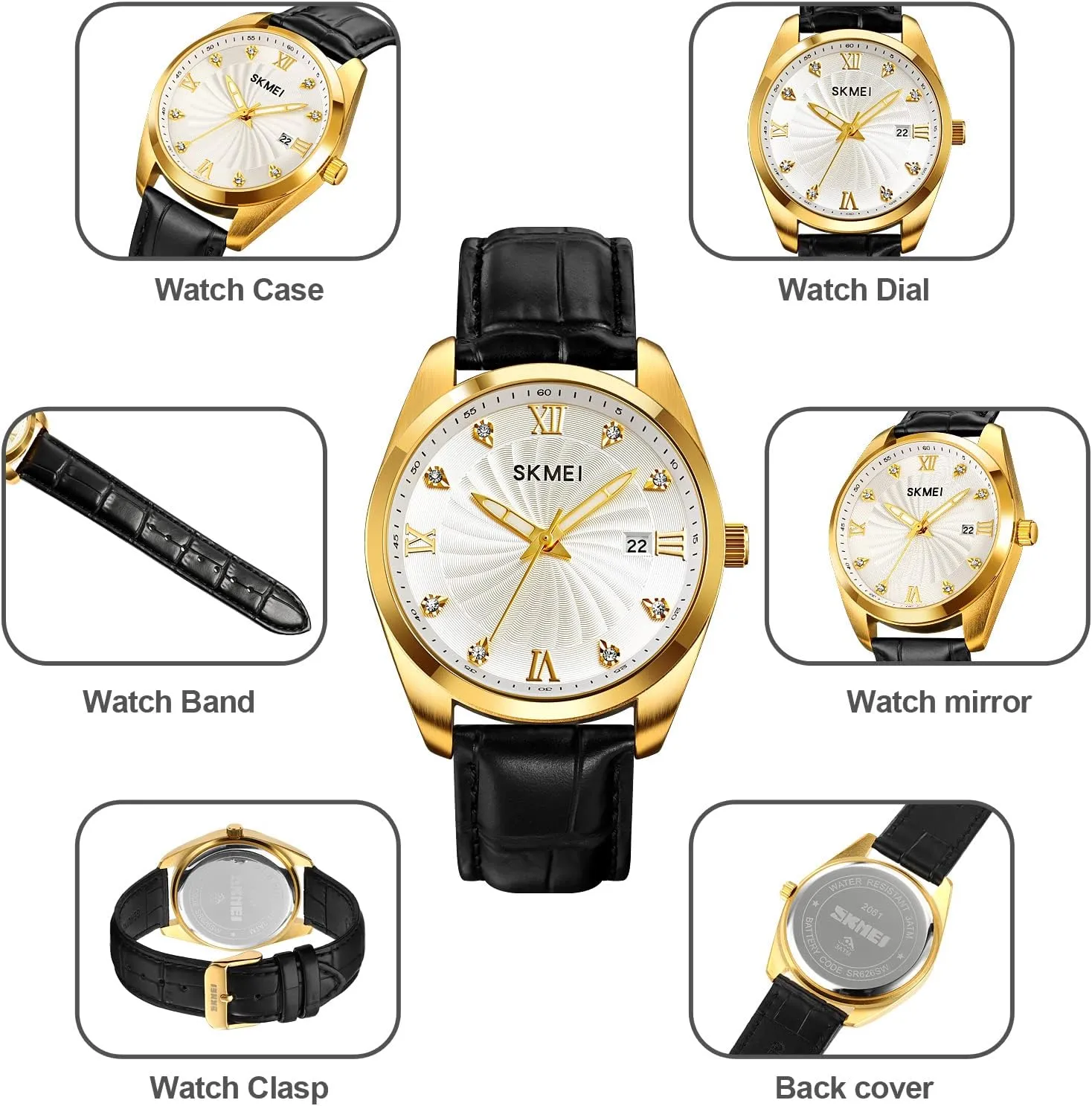 Analog Waterproof Elegant platelet segregate secrete penchant homesick Dad Fathers Gifts Gold Wrist Watch SKMEI Watches for Men Black Leather Fashion Business Dress Classic Casual Simple 