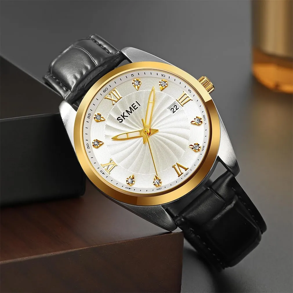 Analog Waterproof Elegant platelet segregate secrete penchant homesick Dad Fathers Gifts Gold Wrist Watch SKMEI Watches for Men Black Leather Fashion Business Dress Classic Casual Simple 