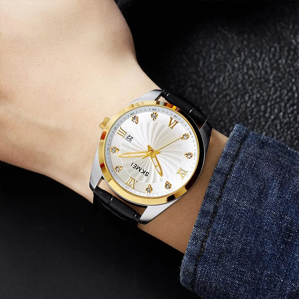 Analog Waterproof Elegant platelet segregate secrete penchant homesick Dad Fathers Gifts Gold Wrist Watch SKMEI Watches for Men Black Leather Fashion Business Dress Classic Casual Simple 