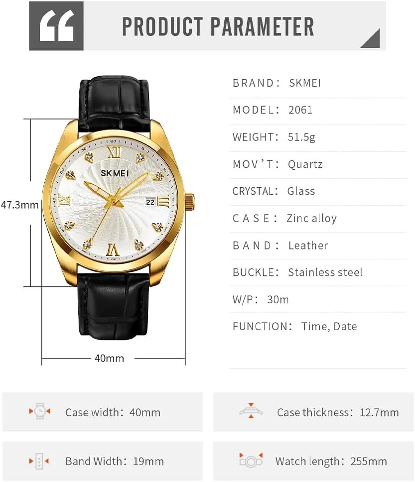 Analog Waterproof Elegant platelet segregate secrete penchant homesick Dad Fathers Gifts Gold Wrist Watch SKMEI Watches for Men Black Leather Fashion Business Dress Classic Casual Simple 