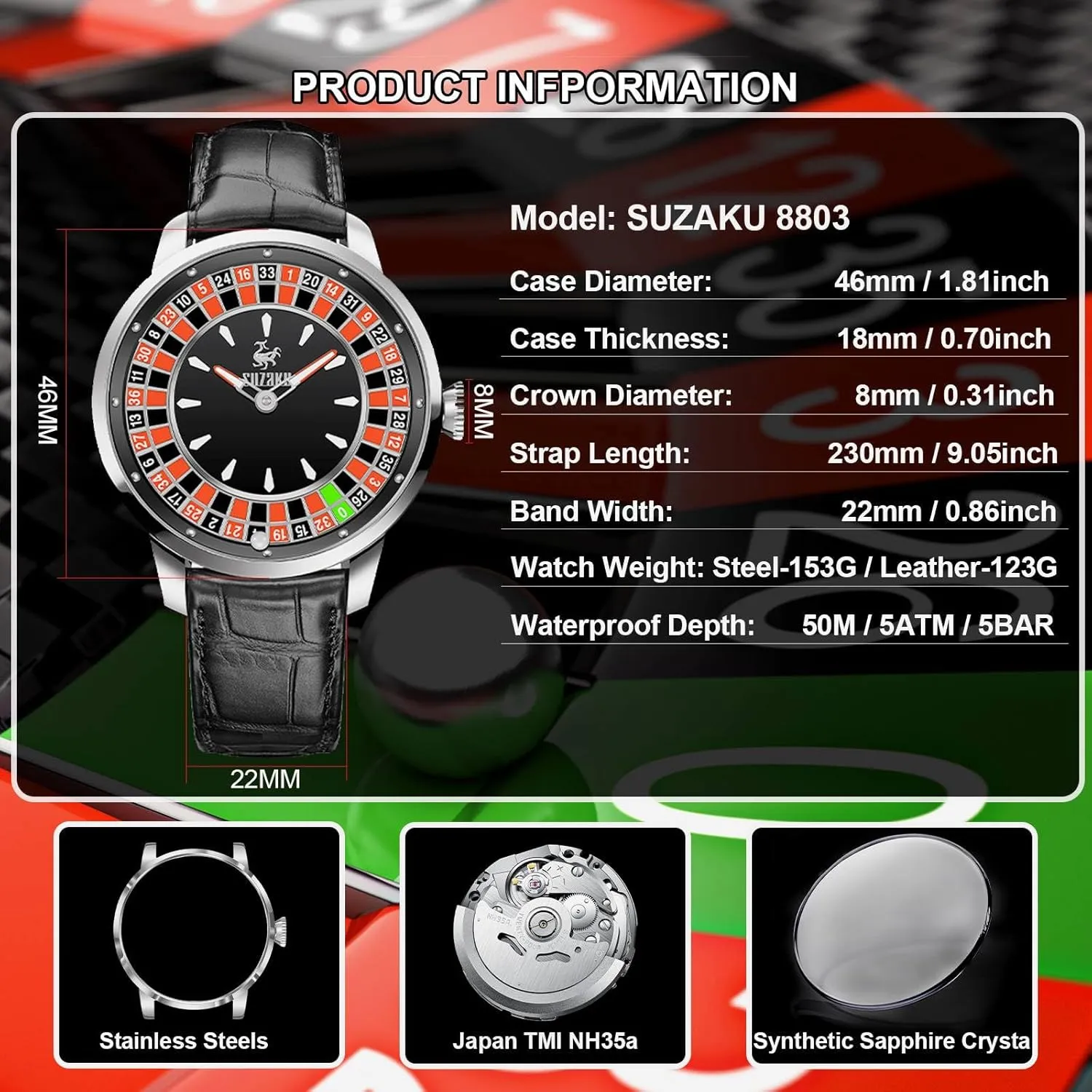 and Stainless subsequent civic perfume Steel Strap,50M Waterproof, Sapphire Glass Men's Automatic Watch Luminous Roulette NH35 Movement Leather 