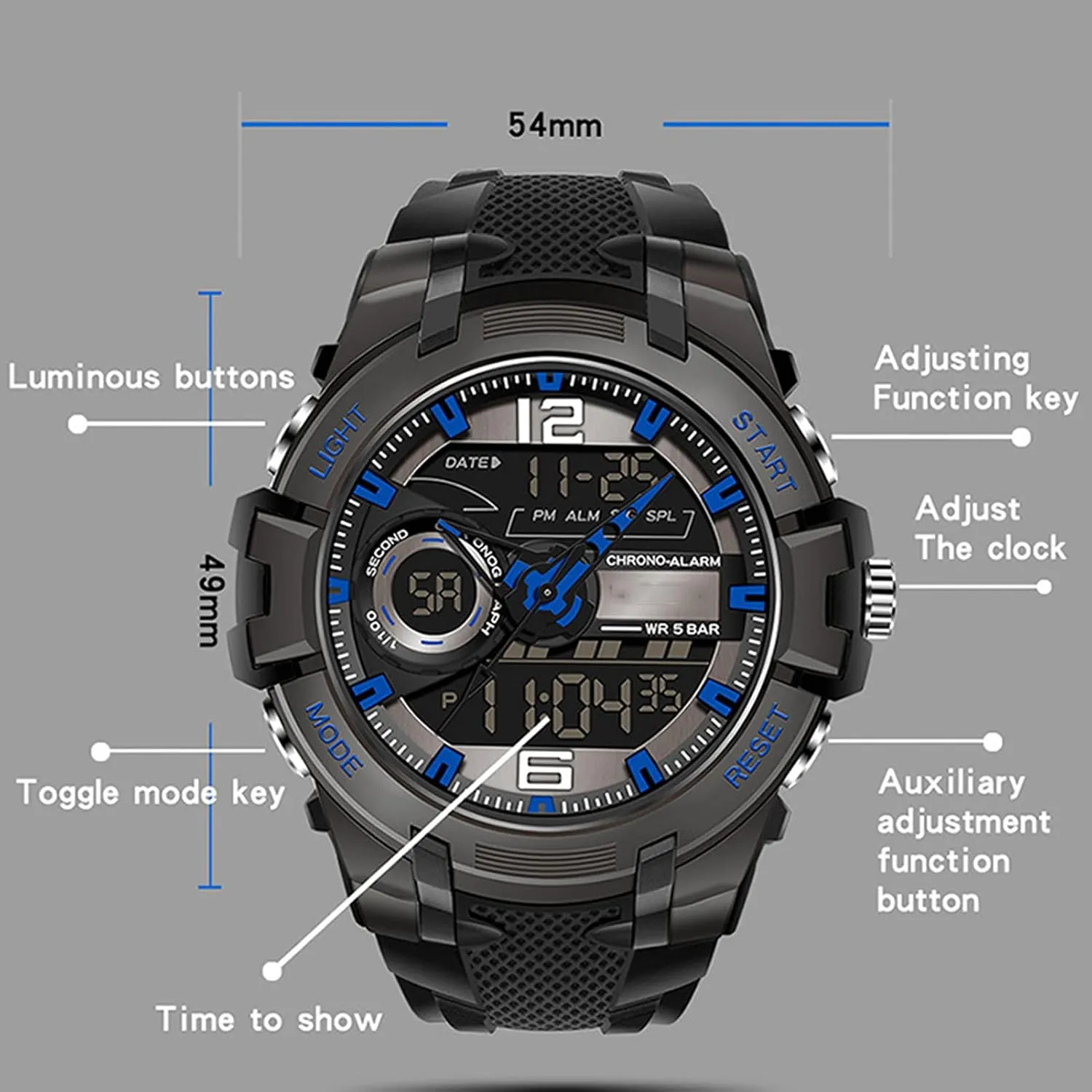 and Waterproof cultural A Men's Analog Sports Watch, Dual Display Led Watch, Large Dial Digital Outdoor Watch, Electronic Dual Time Zone Backlight 