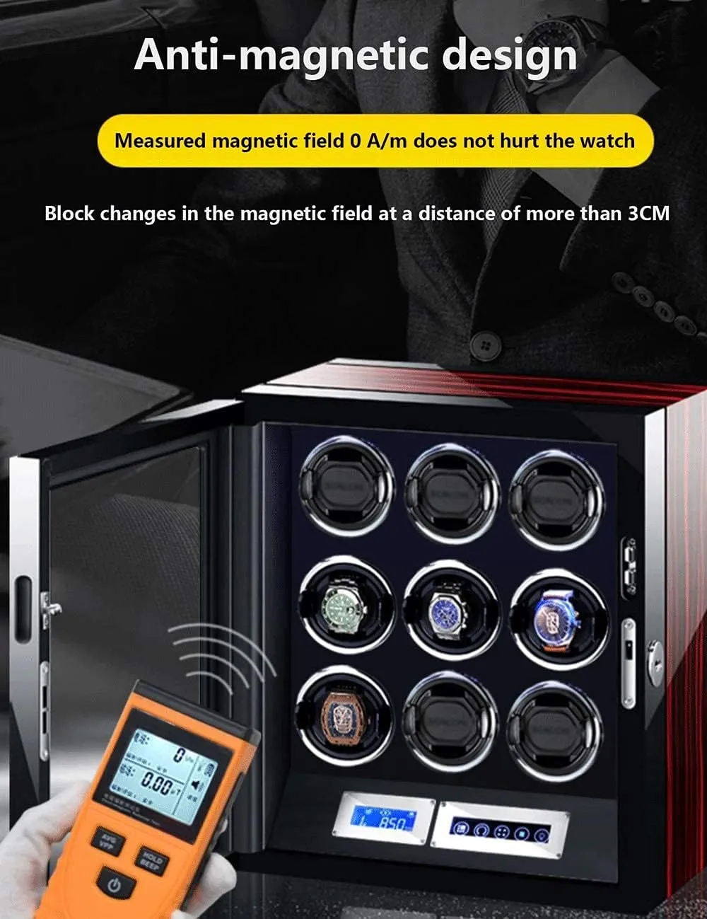 Anti-Magnetic, Ultra-Quiet Watch Shaker, LED Light, Ebony Grain GaRcan Watch Winder for 2 Watches, caliber counteract schedule Fingerprint Lock, Touch Screen, Remote Control, 