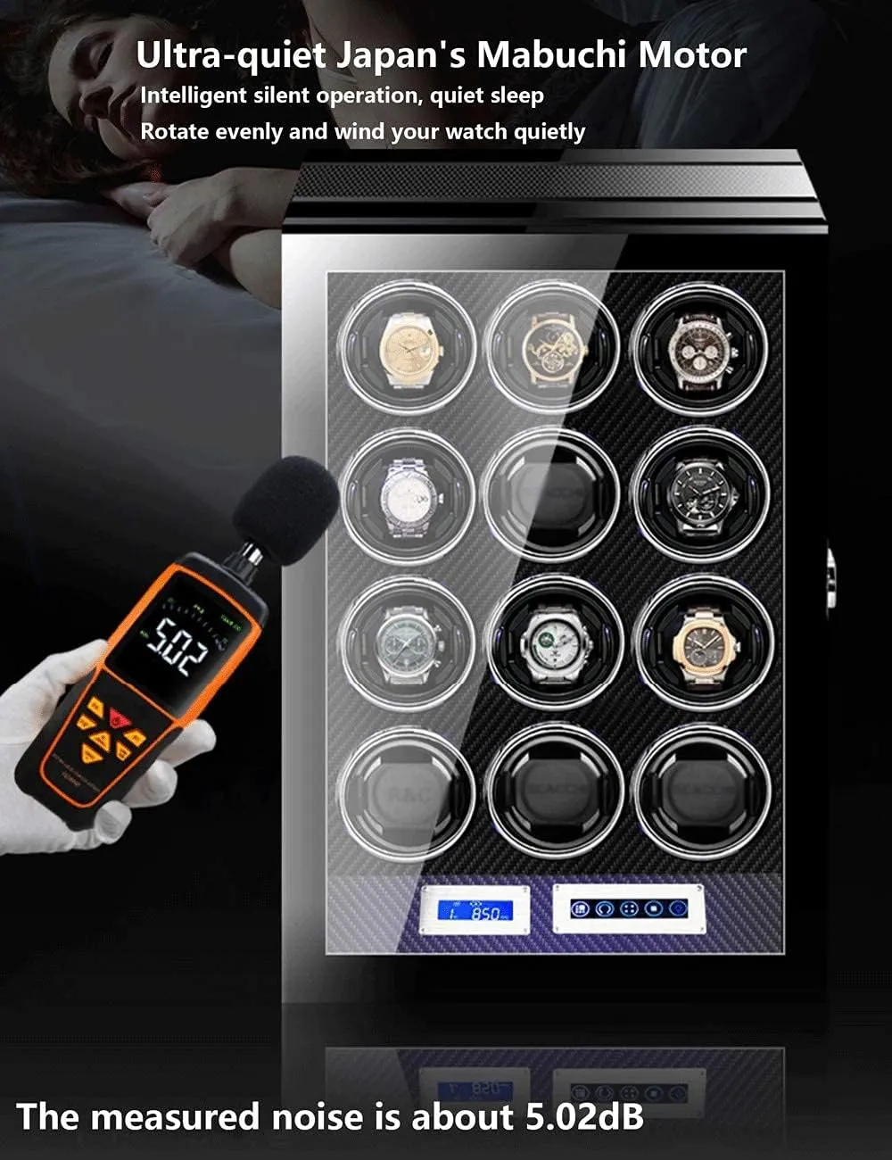 Anti-Magnetic, Ultra-Quiet Watch Shaker, LED Light, Ebony Grain GaRcan Watch Winder for 2 Watches, caliber counteract schedule Fingerprint Lock, Touch Screen, Remote Control, 