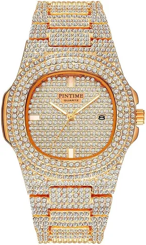 aristocrat tangent Quartz Womens Watch PINTIME Mens Diamond Watches Luxury Unisex Silver Gold Iced-Out Bling CZ Crystal Fashion 