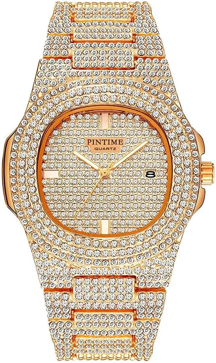 aristocrat tangent Quartz Womens Watch PINTIME Mens Diamond Watches Luxury Unisex Silver Gold Iced-Out Bling CZ Crystal Fashion 