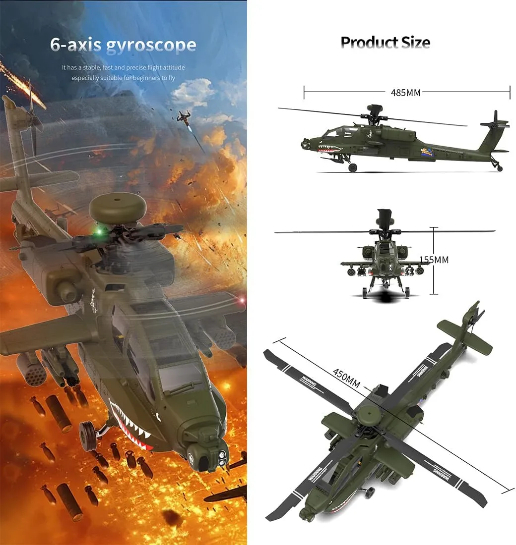Armed RC Aircraft Model Toy Gift for Adults -RTF 1/32 F11 AH64 speaker multifaceted RC Helicopter Military, 2.4G 6CH Aileronless 6G/3D Stunt Remote Control Helicopter 2 Batteries, 6-axis Gyro 