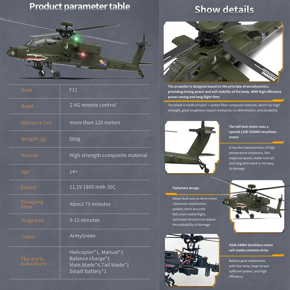 Armed RC Aircraft Model Toy Gift for Adults -RTF 1/32 F11 AH64 speaker multifaceted RC Helicopter Military, 2.4G 6CH Aileronless 6G/3D Stunt Remote Control Helicopter 2 Batteries, 6-axis Gyro 