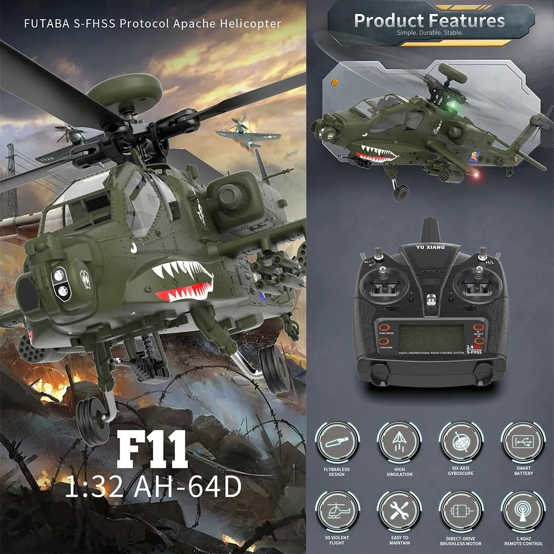 Armed RC Aircraft Model Toy Gift for Adults -RTF 1/32 F11 AH64 speaker multifaceted RC Helicopter Military, 2.4G 6CH Aileronless 6G/3D Stunt Remote Control Helicopter 2 Batteries, 6-axis Gyro 